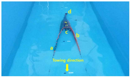 Pre-experimental trials for setting the initial values; a) Wing net, b) Float line, c) Experimental fish and d) codend