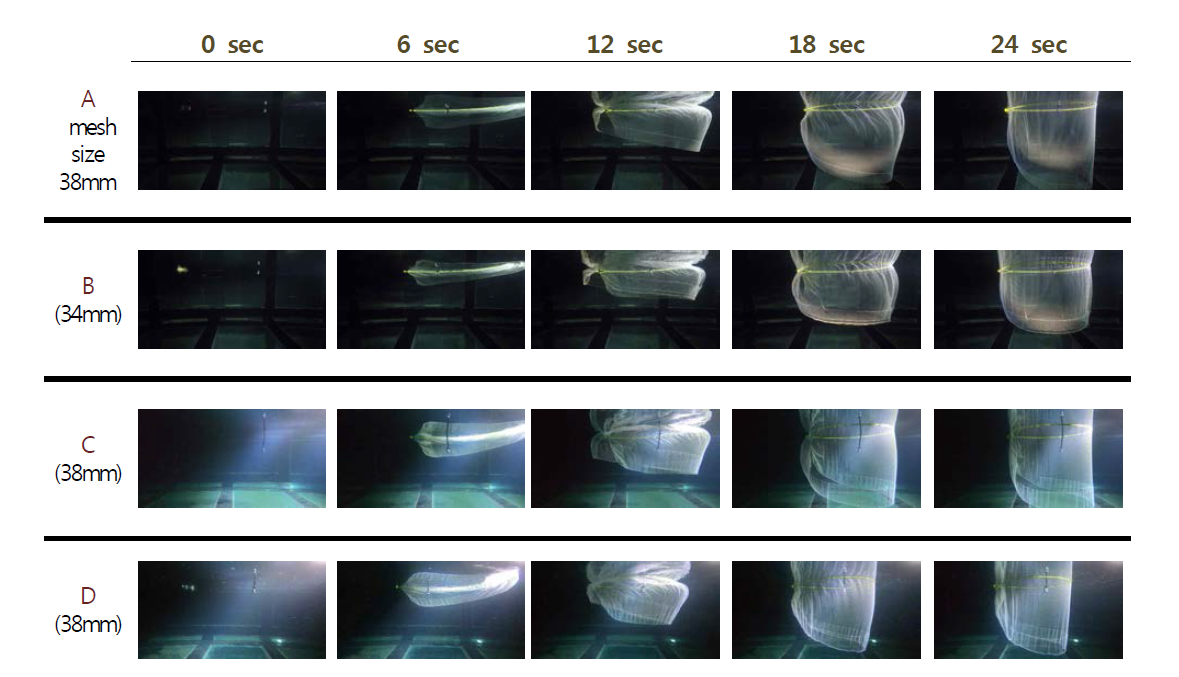 Shapes of the model nets under water according to sinking time. A : Japanese net, B : Korean net, C : net based on Japanes, D : Last version net to catch mackerel for Korean purse seine