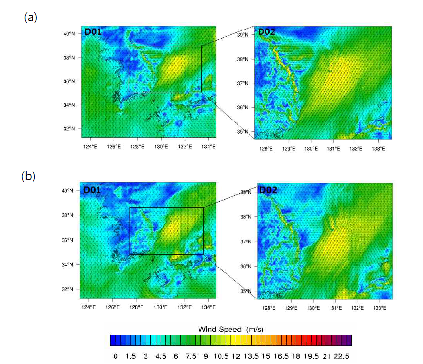 Reproductive wInd fields using WRF model using boundary condition by GDAPS FNL (a) and RDAPS (b) (2016. 7. 29, 00:00 KST)