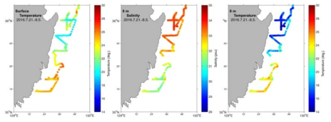 Spatial distribution of surface water temperature (left) and temperature/salinity at 8 m depth (right) during Lag-2 by wave glider in 2016