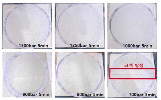 CIP 압력 별 성형 테스트 결과