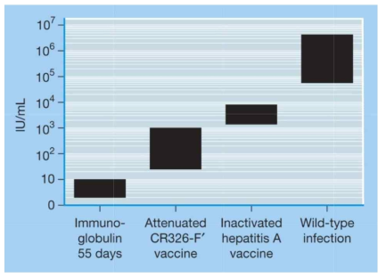 A형간염 바이러스 항체치의 비교 출처: Lemon SM. Hepatitis A virus: current concepts of the molecular virology, immunology and approaches to vaccine development. Rev Med Virol. 1992;2:73–87