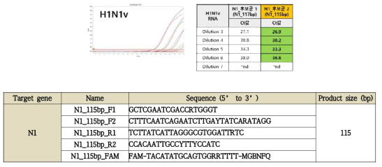 N1 candidate primer / probe performance_sensitivity & final selection primer / probe sequence information (Black line : N1_117bp, Red line : N1_115bp)