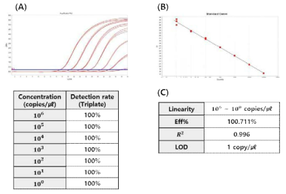 Analytical sensitivity of developed H1 diagnostic kit. (A) Amplification plot & Detection Rate by Dilution Concentration. (B) Standard curve. (C) Performance analyzed through standard curve