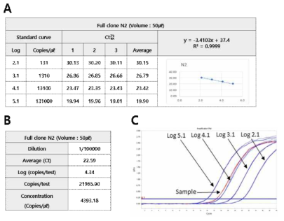 Conversion result of copy number of N2 full clone positive standard material .(A. N2 linearized plasmid DNA standard curve. B. N2 full clone standard material copy number. C. Amplification of N2 linearized plasmid DNA and full clone positive standard material)