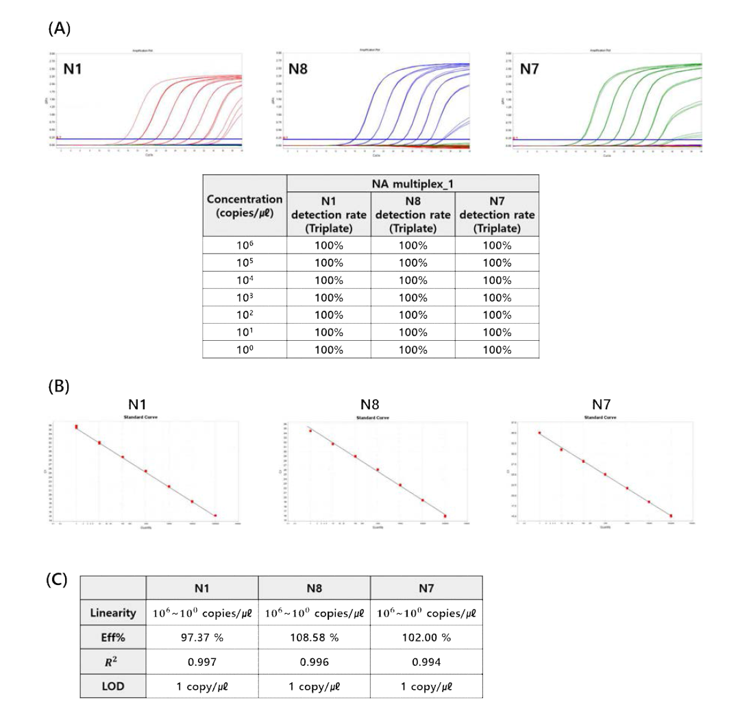 Analytical sensitivity of improved NA multiplex_1 diagnostic kit. (A) Amplification plot & Detection Rate by Dilution Concentration. (B) Standard curve. (C) Performance analyzed through standard curve