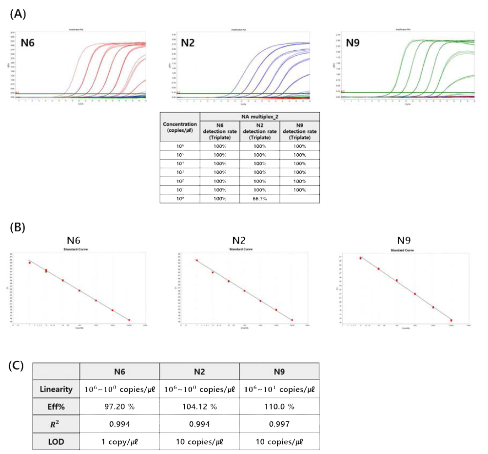 Analytical sensitivity of improved NA multiplex_2 diagnostic kit. (A) Amplification plot & Detection Rate by Dilution Concentration. (B) Standard curve. (C) Performance analyzed through standard curve