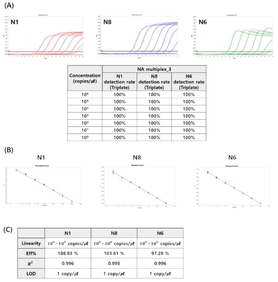 Analytical sensitivity of improved NA multiplex_3 diagnostic kit. (A) Amplification plot & Detection Rate by Dilution Concentration. (B) Standard curve. (C) Performance analyzed through standard curve