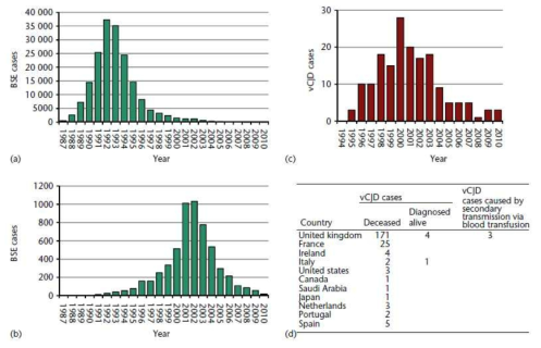 Corelation of BSE and vCJD cases. (a) BSE cases in Great Briton. (b) Global BSE cases excluding those of Great Briton. (c) vCJD cases in Great Briton. (d) Cummulative vCJD cases of different countries. Statistics from The World Organisation for Animal Health (OIE, www.oie.int), National CJD Surveillance Unit for the United Kingdom (www.cjd.ed.ad.uk)