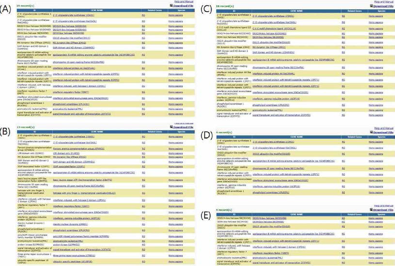 Functional annotation analysis를 통해 1차적으로 선정된 유전자들의 예. (A) Antiviral defense 관련 (B) Defense repsonse to virus 관련 (C) Immunity 관련 (D) Host-virus interaction 관련 (E) Negative regulation of viral genome replication 관련