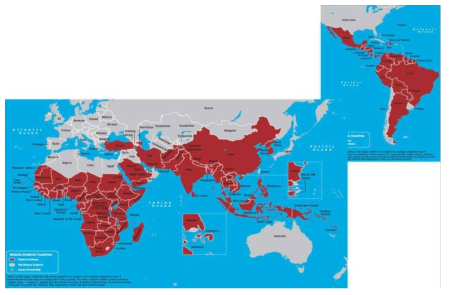 말라리아 유행지역(WHO 자료 인용)