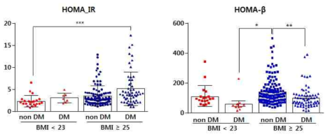 임상코호트(n=283명)에서 BMI 기준별 HOMA-IR과 HOMA-β