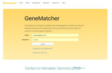 GeneMatcher 프로그램 웹사이트의 첫 화면 (https://genematcher.org). 로그인을 통하여 본인이 발견한 유전형과 표현형 정보를 입력 할 수 있고 다른 이용자와 같은 유전자가 입력되었을 경우 이메일로 두 그룹에게 매치 정보를 알려줌