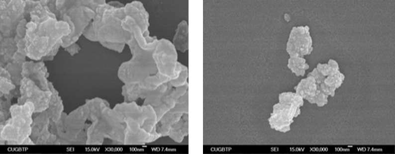 나노화 처리 전과 후 비교 사진 (왼쪽: 나노화 전, 오른쪽 나노화 후 ) 뭉쳐있는 입자들이 나노화 처리 후 약 300-400 nm 크기를 가짐