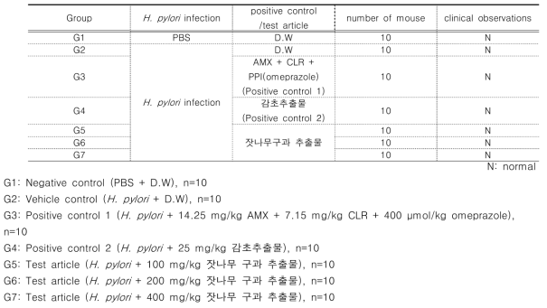 Experiment summary of animal clinical observations