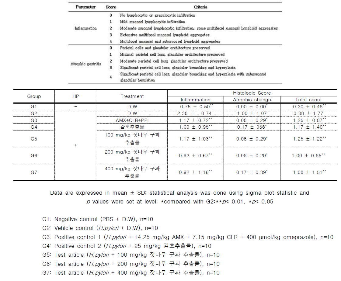 Values of histopathological examination in gastric tissue