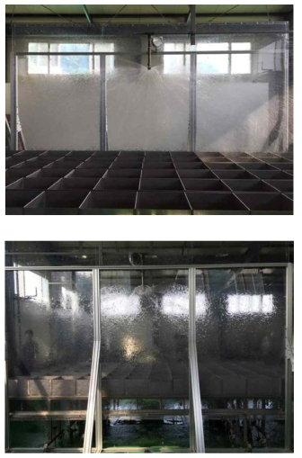 Experimental set-up for conventional sprinkler (a) 위 구조물 내측방향 거리별 살수분포 측정모형 (b) 아래 측벽 살수높이, 살수범위 측정모형
