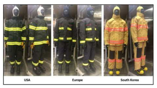 미국, 유럽, 한국 소방복을 착용한 시험 사진