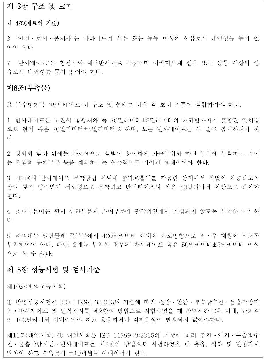 소방용 특수방화복 성능시험 및 제품검사 기술기준