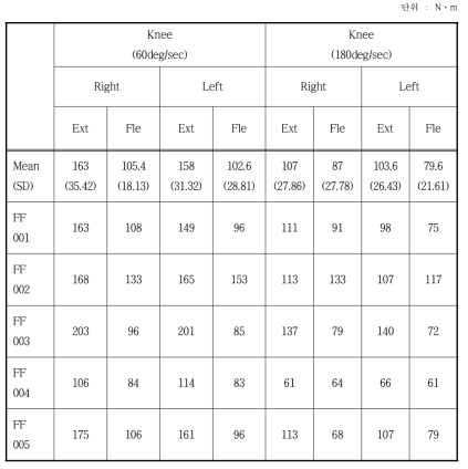 근력 및 근지구력 측정결과(무릎)