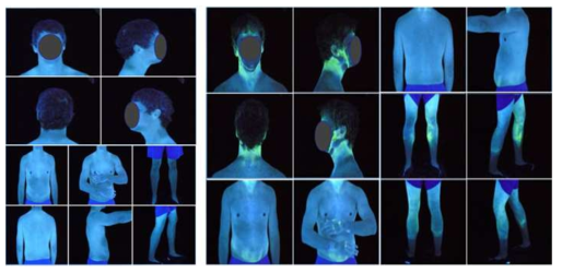 개인보호장비 취약부위 테스트 (좌)시험전, (우)시험후 RIT International, Fluorescent Aerosol Screening Test