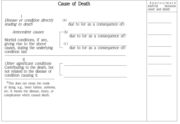 WHO 제안 사망진단서의 사망원인 난