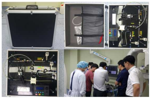 AngelBox (Black Angel). AngelBox는 portable suitcase 형태로 제작되었으며 내부에 catheter등의 angiography를 시행할 수 있는 소모품을 수납할 수 있는 공간이 마련되어 있고 뚜껑을 제거하고 사용한다 (상, 하)