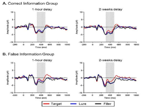 Grand average ERP for each stimulus type across two session at Fz electrode for the (A) correct information (N=13) and (B) False information group (N=18)