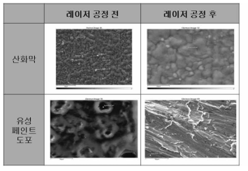 레이저 제염 공정 전후의 스테인리스 스틸 기판 표면 사진