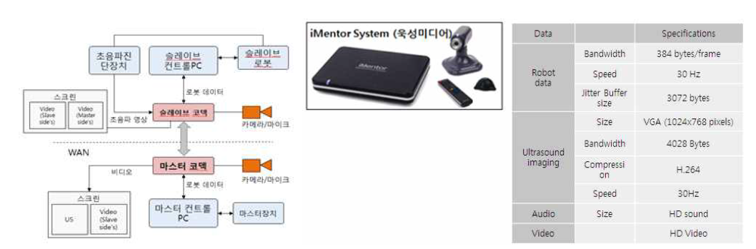 인터넷 환경(WAN)하 Robot-assisted tele-echography 시스템 구성도 및 Tele-echography CODEC 및 성능 표