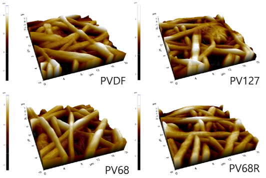 전기방사된 4종 멤브레인의 AFM 사진