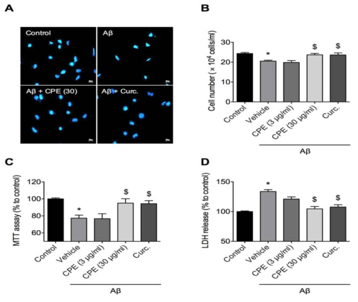 The effect of CPE on Aβaggregation. A. Time course of the effect of CPE on Aβ aggregation. B. Quantitative analysis of the data from 24 h point. C. Time course of the effectof CPE on aggregated (fibril) Aβ. D. Quantitative analysis of the data from 24h point. Data represents mean ± SEM. *P< 0.05 vs. control group. Curc., curcumin