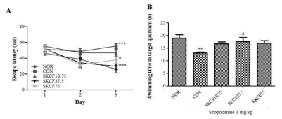 Effects of SKCF on the long-term, spatial reference memory of scopolamine-treated mice in Morris water maze test. (A) Escape latency in acquisition phase; (B) Swimming time in target quadrant in probetrial. Mice were administered SKCF orally and intraperitoneally injected with scopolamine (1 mg/kg) after 30 min. Data are expressed as mean±S.E.M, n = 8 in each group. ** p < 0.01, *** p < 0.001 compared with NOR group, #p < 0.05, ### p < 0.001 compared with the CON group