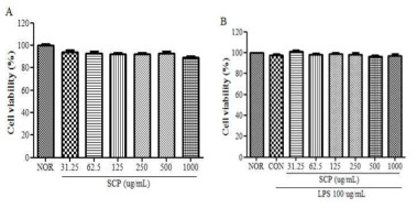 Effect of SCP on the cell viability in cultured BV2 cells. The BV2 cells were incubated with different doses ranging from 31.25 ug/mL to 1000 ug/mL for 24 hours. The cells assayed by MTS method