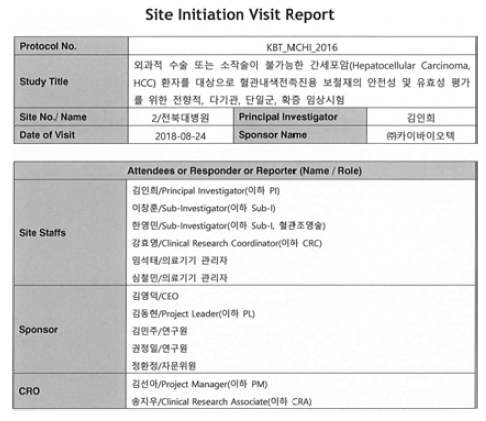 임상연구 개시모임 (출처: 전북대병원 Site Initiation Visit Report)