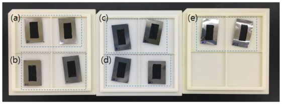 접착력 측정용으로 제작된 그래핀 사각 전극 (a) 기판 SUS316, PTFE 5wt.% (b) 기판 SUS316, PTFE 10wt.% (c) 기판 SUS316, PTFE 15wt.% (d) 기판 SUS316, PTFE 20wt.% (e) 기판 Al, PTFE 10wt.%