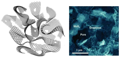 좌: 3D 구조 그래핀의 모델 (Scientific Report, 2013), 우:2차전지에 적용된 3D 그래핀 (Advanced Functional Materials, 2013)