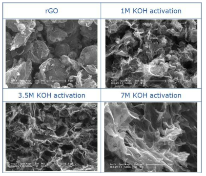 KOH 몰농도 별 그래핀 소재의 미세구조 특성 (X10,000)