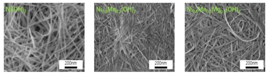 SEM 사진 (a) Ni(OH)2, (b) Ni0.8Mn0.2(OH)2, (c) Ni0.8Mn0.1Mg0.1(OH)2 nanowire 전구체