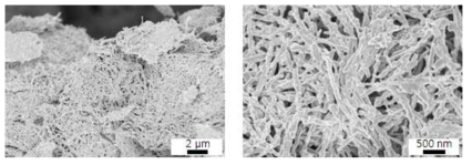 (a) 저배율 xLi2MnO3∙1-xLiNiO2 nanorod SEM 사진 (b) 고배율 xLi2MnO3∙1-xLiNiO2 nanorod SEM 사진