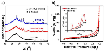 이종원소가 도핑된 그래핀을 지지체로 한 1차원 탄소나노소재 직접 가지화된 탄소구조체의 (a) XRD 분석, (b) BET 분석