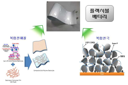 전고상 고분자 전해질 기반의 복합전해질과 복합전극 및 이를 기반으로 하는 플렉서블 배터리의 개발 개념도