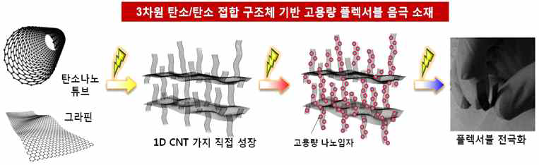 3차원 탄소/탄소 접합 구조체 기반 고용량 플렉서블 음극 소재 개발 모식도