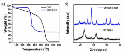 MWCNT를 기반으로 한 1차원 탄소나노소재 직접 가지화 성장시킨 탄소나노구조체의 TGA분석 및 열처리 전 후의 XRD 분석