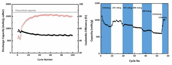 GL-I-800-sulfur composite electrode의 cycle stability & rate capability