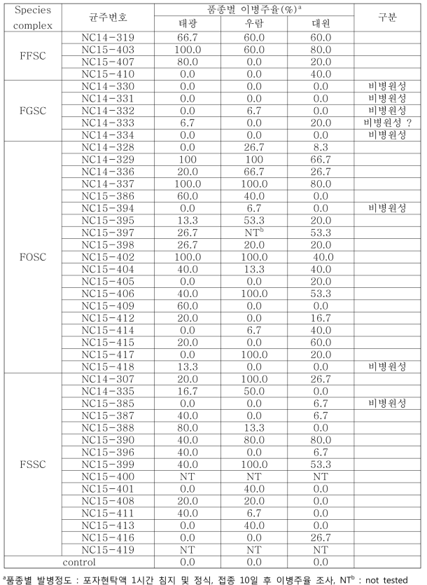 콩에서 분리한 Fusarium균의 3개 콩 품종에 대한 병원성 검정 결과