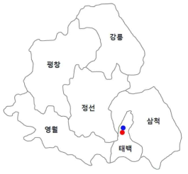 옥솔린산에 대한 저항성 배추무름병균의 분포(●, 희석평판법에 의한 저항성균; ●, 저지원법에 의한 저항성균)