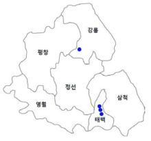 옥시테트라사이클린에 대한 저항성 배추무름병균의 분포(●, 저지원법에 의한 저항성균)