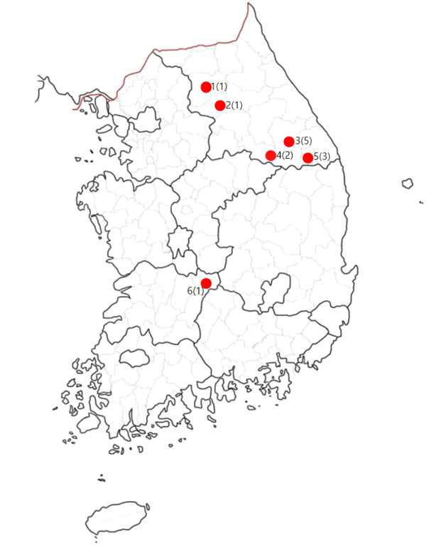 월동 우수리뒤영벌 여왕벌의 채집지역 및 채집횟수. 번호는 채집 지역을 괄호 내 숫자는 채집 횟수를 나타냄: 1, 춘천; 2, 홍천; 3, 정선; 4, 영월; 5, 태백; 6, 무주