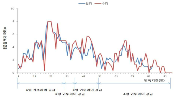 넓적배사마귀 일생동안 섭식한 쌍별귀뚜라미